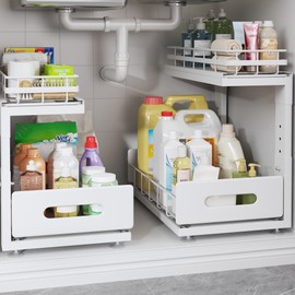 Biboraya 2 Pack Under Sink Organizer Upgrade to Professional Rails,2-Tier Dual Pull Out Cabinet Storage,Height Adjustable Slide Out Drawers for Bathroom Kitchen,Under Sink Shelf-White