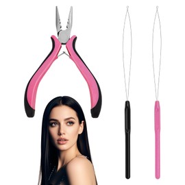 3 PCS Professional Nano Hair Extension Pliers,Hair Extension Pliers for Removal Tongs Set Includes 1 Pliers and 2 Threaders,Mini Hair Extension Tool for Nano Ring Hair Extensions