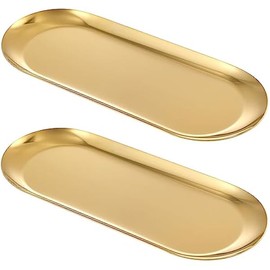 2PACK Gold Decorative Tray, Bathroom Vanity Tray for Dresser Counter, Stainless Steel Jewelry Dish Tray for Decor, Perfume Ring Key Candle Organizer Tray, Oval