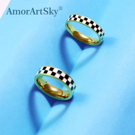 AmorArtSky Checkered Couple Rings Set (2-Piece), 18K Gold Plated Stainless Steel, 6mm and 4.5mm Black White Geometric Matching Wedding Bands for Women and Men (2-Piece Checkered Ring set_Gold, size 9)