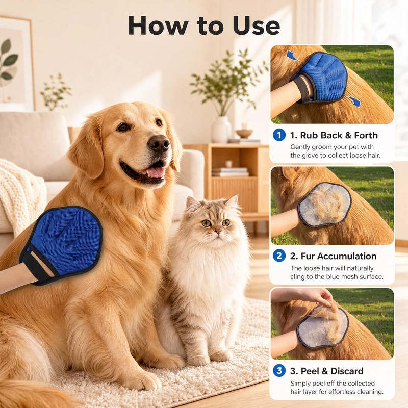 3-Piece Pet Hair Remover Kit, Grooming Glove and Comb