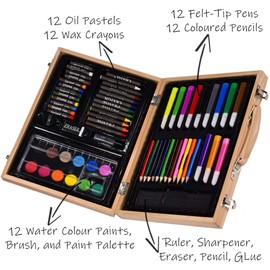 KandyToys Traditional Wooden Artists Set - 67 Piece Fold Out Art Box with Pens; Pencils; Crayons & Paints