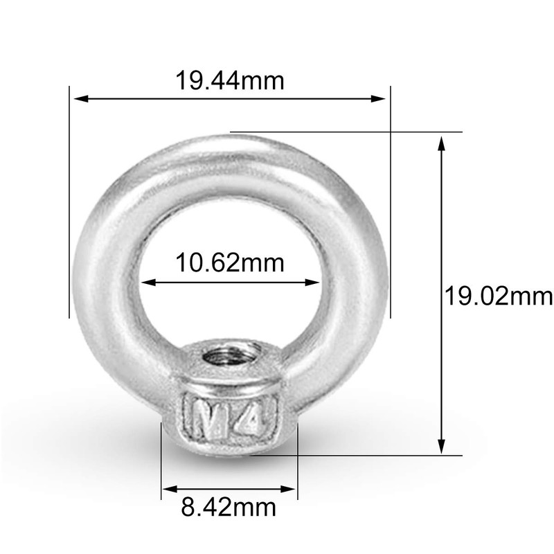 Ring Nut M4 Pack of 12 Ring Eyelets Stainless Steel