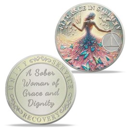 1 Year Sobriety Coin for Women – AA Medallion with Elegant Butterfly Design – A Sober Woman of Grace and Dignity – Recovery Gift Token, 12-Month AA Chip