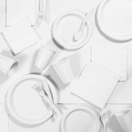 White Party Decorations, Color Disposable Plates, Napkins, Cups, and Cutlery for 24 People, Box of 245 Pieces