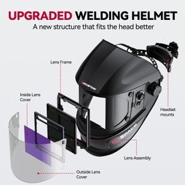 ARCCAPTAIN ARCCAPTAIN 3.94"X3.66" Welding Helmet Auto Darkening, 1/1/1/1 Top Optical Clarity Large Viewing Screen Solar Power Welding Hood with 4 Arc Sensor, Wide Shade 4-5/5-9/9-13 for TIG MIG ARC Welding CUT