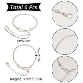 SUNNYCLUE 1 Box 6Pcs Snake Bracelets Chains Silver Brass Charms Bracelet Chain Bulk Metal Sterling European Bendable Extender Adjustable String Large Hole Beads Chain for jewellery Making Bracelet DIY