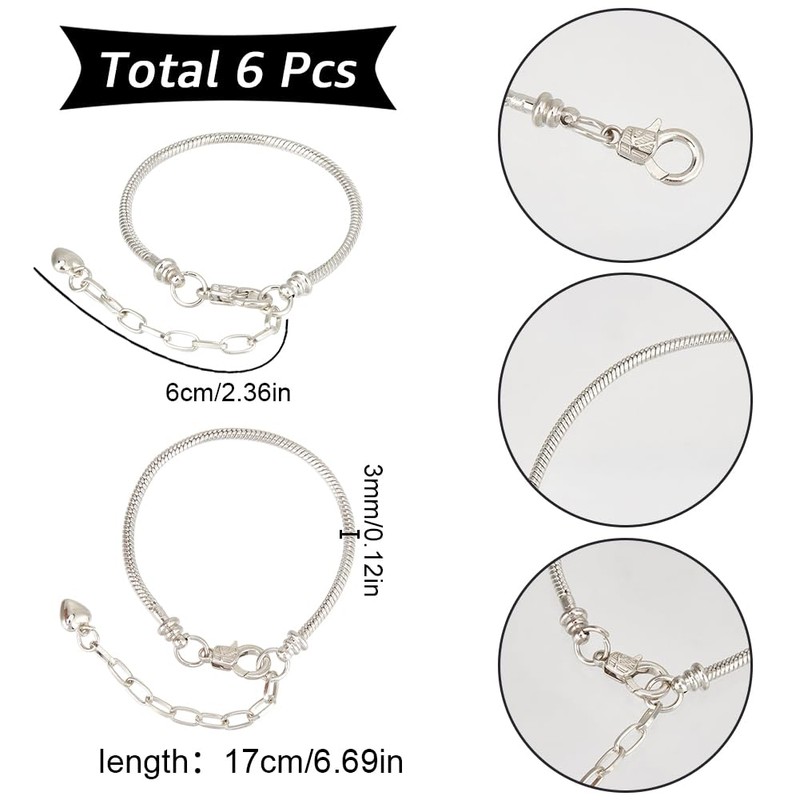 SUNNYCLUE 1 Box 6Pcs Snake Bracelets Chains Silver Brass Charms
