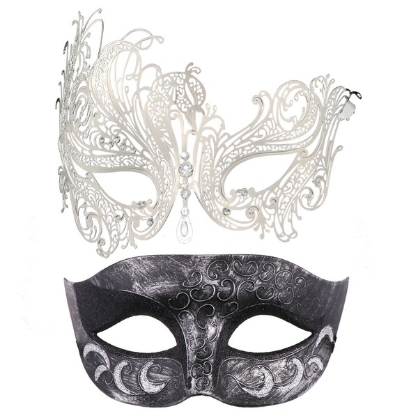 Thmyo 2 Pack Venetian Masquerade Mask for Couples, Mardi Gras Halloween Ball Mask (Antique Silver black & silver)