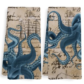 XNXLDYLH Vintage Nautical Coastal Octopus Decor Dish Hand Tea Towels for Bathroom Kitchen, Retro Octopus Ocean Nautical Beach Bathroom Decor, Coastal Kitchen Towels and Dishcloths Sets of 2, 16x24 in