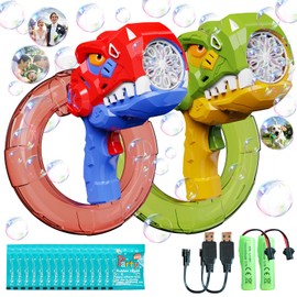 Bubble Gun, 2 Pcs Dinosaur Bubble Machine Gun for Toddlers 3-5, Rechargeable Bubble Blower Maker with Bubble Solution for Kids, Outdoor Summer Bubble Gun for Kids Age 4-8