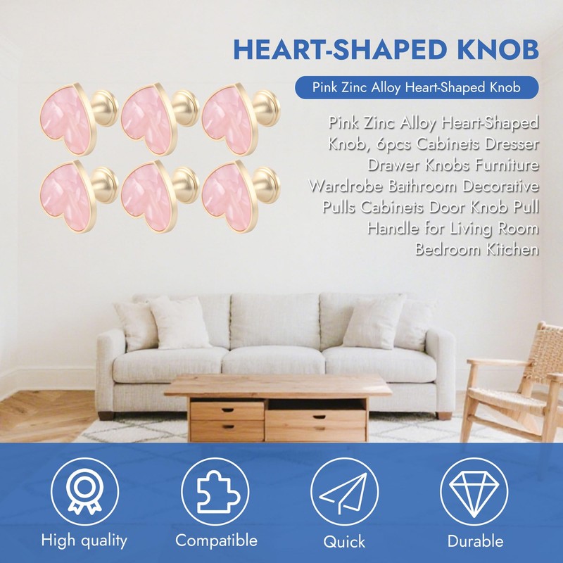 6 Sets Pink Heart-Shaped Cabinet Knobs Zinc Alloy Drawer Pulls