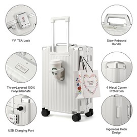 MYER Hard Shell Carry On Luggage 22x14x9 Airline Approved,20 Inch Aluminum Luggage with 100% 3-Layer PC,Carry On Suitcases with Wheels,Cup Holder and USB Port (Milky White, 20 inch)