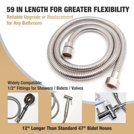 Plurvix 59-Inch Bidet Sprayer and Shower Hose, 1.5m Stainless Steel Replacement Hose with 1/2" Connectors, Universal Shower & Bidet Hose