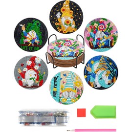 KELCIO 6 Pcs Gnome Diamond Art Painting Coasters Kit, Diamond Painting Coasters Kits with Holder, DIY Diamonds Crafts for Adults and Beginners
