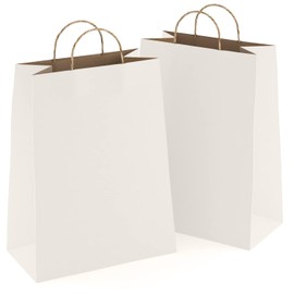 Amiff White Kraft Paper Bags with Handles, 5.25 x 3.75 x 8 Inches. 250 Pack Paper Gift Bags with Handles. 150 GSM Paper Shopping Bags with Handles. Light Paper Grocery Bags for Small Business