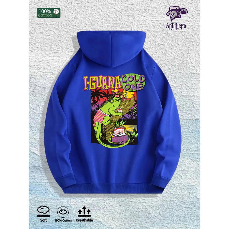 Iguana Cold One Tropical Graphic Hoodie 100% Cotton US Warehouse