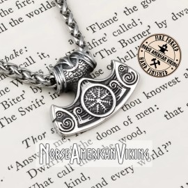 Norse American Viking Viking Axe Helm of Awe Mini Pendant Necklace 316L Stainless Steel