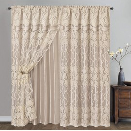 GOHD Light Grace. Clipped Voile, Voile Jacquard Window Curtain Panel Drape with Attached Double Valance and Taffeta Backing. 2pcs Set. Each pc 54 inches Wide x 84 inches Drop + Valance. (Sand)