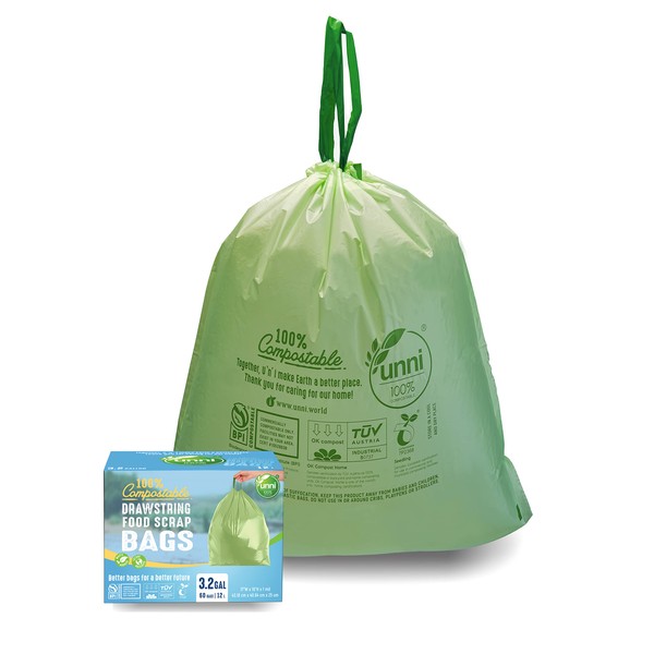 UNNI 100% Compostable Drawstring Bags, 2.6-3.2 Gallon, 10-12 Liter, 60 Count, Heavy Duty 1 Mil, Kitchen Food Scrap Waste Bags, ASTM D6400, EN 13432, US BPI & OK Compost Home Certified, San Francisco