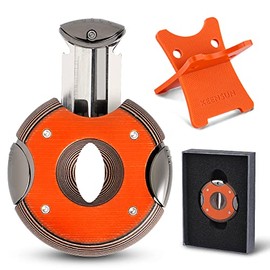 KEENSUN Round G10 V-Cut Cigar Cutter (Orange),60 Ring Gauge, Ergonomic Design with Secure-Lock,2 Pack Set with Gift Box (Cigar Cutter and G10 Cigar Holder)