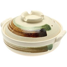 Kotobuki Brushstroke Japanese Donabe Hot Pot, 11-1/2-Inch, White with Brown and Green