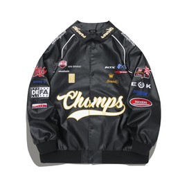 Vamtac Faux Leather Motocross Jackets Oversized Vintage Racing Varsity Bomber Coat Unisex Trendy Streetwear Black Medium