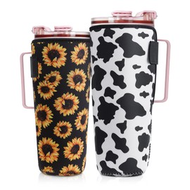 kwmobile 2 x Neoprene Bottle Sleeve for 1.2 L Cups – Sleeve for To-Go Drinking Cups – Thermal Case in Black Yellow White Pattern
