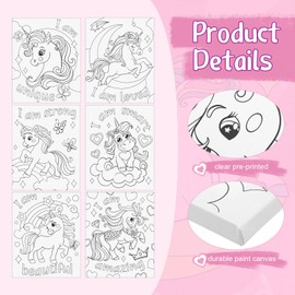 Thinkday 6 Pieces Pre Drawn Canvas for Painting 8 x 10 Inch Pre Drawn Stretched Canvas Positive Affirmations Back to School Paint Kit for Kids Classroom Paint Activity Party Favors(Unicorn)