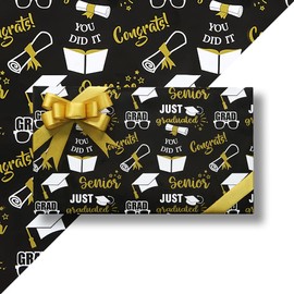 Graduation Gift Wrapping Paper,6 Sheets Black And White Wrapping Paper 20 x 28 Inch,Class Of 2025 Gold Gift Wrap With 1 Rolls Gold Ribbon For College Grad Graduation Party Supplies Prom Decorations