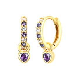 Small Gold Hoop Earrings With Purple Heart Drop Gold Plated Hoop Earrings Hypoallergenic Cubic Zirconia Dangle Gold Sleeper Hoop Earrings For women gold Gift For Girls 2PCS