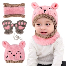 VDSOW Hat Scarf and Gloves Set for Girls, Pink Knitted Baby Hat Scarf Glove Sets for Toddler Kids, Winter Beanie Cap Neckerchief Fluffy Neck Warmer Hats and Gloves Gifts for Girl Boy 1-4 Years