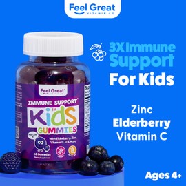 The Feel Great Vitamin Company Feel Great Immune Support for Kids | Vitamin C Zinc & Elderberry Gummies | Sambucus Nigra Immunity Multivitamin | Vegetarian | 60 Day Supply