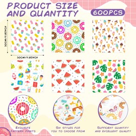 Reallnaive 600 Pcs Summer Food Wax Paper Sheets 12 x 12 Inch Parchment Deli Tissue Paper Sandwich Wrapping Sheets Food Basket Liners for Kitchen Restaurant Baking Supplies, 6 Styles