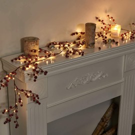 EAMBRITE Christmas Decorations 1.8m 88 LEDs Red Frosted Holly Berry Garland with Warm White Light Waterproof Vine with Lights for Indoor Outdoor Home Garden Party Decoration