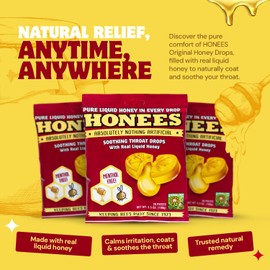 Honees Honey Filled Drops, Honey Cough Drops with Real Honey-Natural Sore Throat Relief-Nothing Artificial-Throat Coat Lozenges, Natural Cough Suppressant, Non-GMO (12 Pack – 240 Drops)
