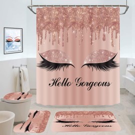 GURETER Hello Gorgeous Shower Curtain Set, 4PCS Pink Bathroom Sets with Rose Gold Glitter Eyelash Twinkle Drips Shower Curtains, Bath Rug, Toilet Lid Cover & U Shaped Mat, 12 Hooks, SETLSGU10