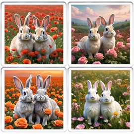 Rabbit Coaster Set. 4 different Bunny Pictures on 10cm x 10cm Acrylic Coasters. Boxed Coaster Drip Mat Set. Easter Bunnies Gift Coaster Set