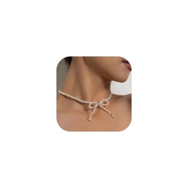 Pearl Bow Necklace for Women Boho Beaded Bow Choker Bowknot Choker Pendant Necklace Coquette Necklaces Prom Party Bar Accessories (White)