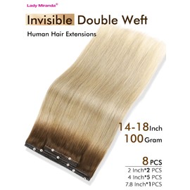 LADY MIRANDA Double Weft Hair Extensions Real Human Hair 100G 8PCS Ombre Brown to Blonde Hair Extensions Twin Tabs Seamless Handmade PU Flat Weft Beaded Hair Extension(4M22, 14 Inch)