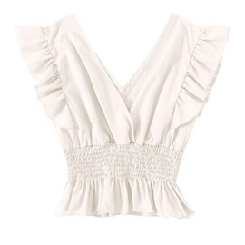 LYANER Women's V Neck Ruffle Cap Sleeve Shirred Solid Blouse Crop Tank Top White Large