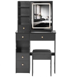 TREATLIFE HOME Stylish Small Left Drawer Vanity Table with Cushioned Stool and Adjustable LED Mirror, Black