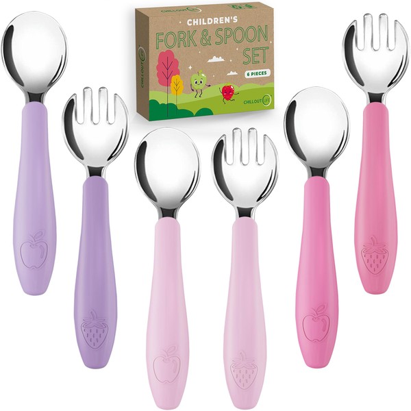 CHILLOUT LIFE Toddler Utensils, Kids Silverware with Silicone Handle, Stainless Steel Metal Toddler Forks and Spoons Safe Baby Cutlery Set for Self Feeding BPA Free Dishwasher Safe