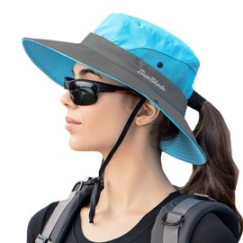 KorhLeoh Sun Hat Women UV Protection Fishing Hat Wide Brim Summer Beach Hat Safari Booney Bucket Hat, blue