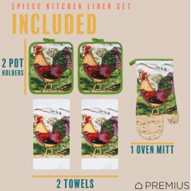 Premius 5pc Kitchen Set: 2 Jumbo Pot Holders, 1 Oven Mitt & 2 Towels, ROOSTER, Premius