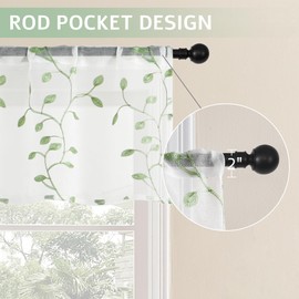 MRTREES Sheer Voile Curtain Valances, Leaves Embroidered Valance Curtains Rod Pocket, Small Sheer Window Curtains Treatment for Bedroom/Living Room/Bathroom(1 Panel, 54x16 Inch, Greyish Green Leaves)