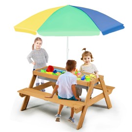 SPORFIT Kids Picnic Table, 4 in 1 Convertible Sand & Water Table with 2 Removable Trays, Height Adjustable Umbrella, Kids Outdoor Table and Benches Set for Backyard, Garden, Playtime (Colorful)