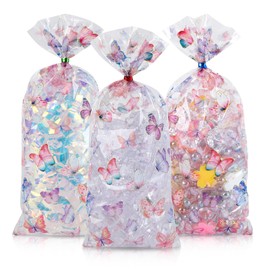 LEOSINDA Clear 5X11 Inch Colorful Butterflies Cellophane Treat Bags Goody Bags Plastic Candy Bag Party Favor Bags for Gift Butterfly Theme Baby Shower Birthday Wedding Party Dessert Decors