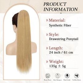 Sofeiyan Ponytail Extension, 24" Long Straight Drawstring Ponytail Hair Extensions Natural Synthetic Hair Clip in Pony Tail Hairpiece for Women, Strawberry Blonde Mixed Bleach Blonde