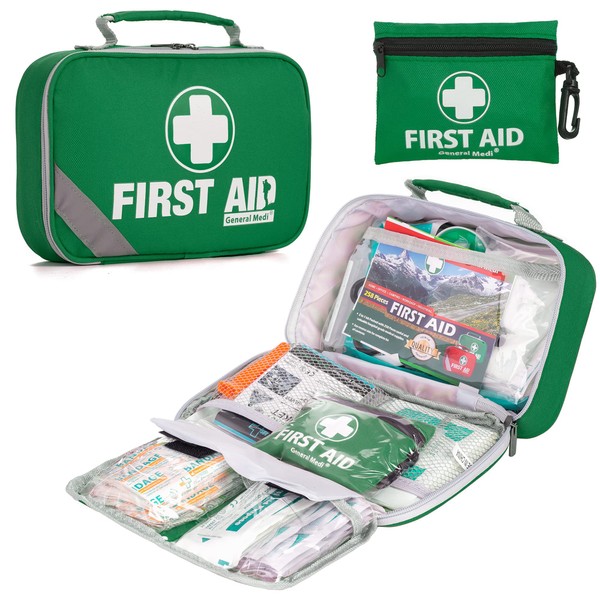 General Medi 2-in-1 First Aid Kit, 215-Piece Premium First Aid Kit with a 43-Piece Mini First Aid Kit for Home, Car, Travel, Office, Sports, Hiking, Camping, Rescue (Green)